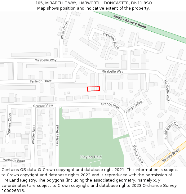 105, MIRABELLE WAY, HARWORTH, DONCASTER, DN11 8SQ: Location map and indicative extent of plot