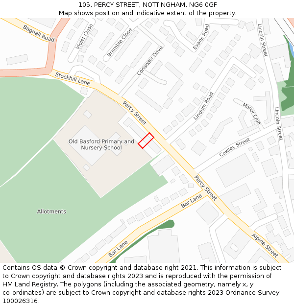 105, PERCY STREET, NOTTINGHAM, NG6 0GF: Location map and indicative extent of plot