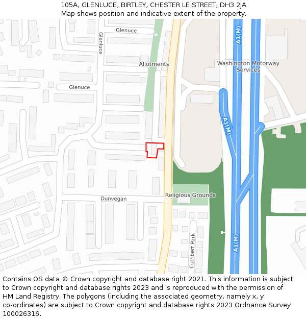 105A, GLENLUCE, BIRTLEY, CHESTER LE STREET, DH3 2JA: Location map and indicative extent of plot