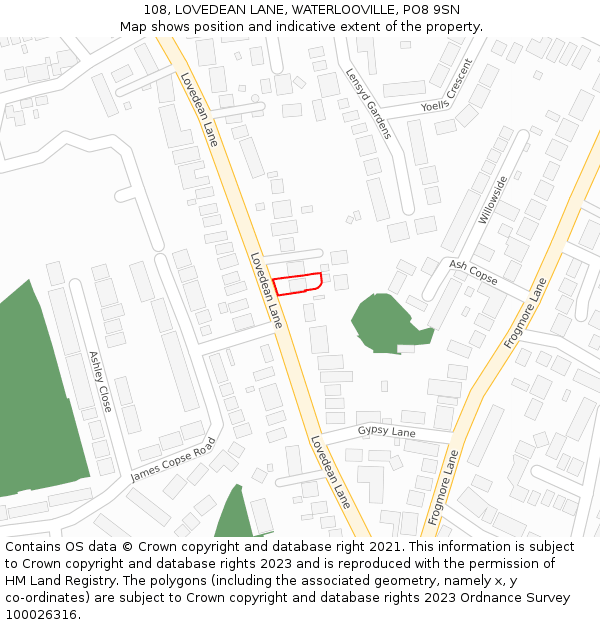 108, LOVEDEAN LANE, WATERLOOVILLE, PO8 9SN: Location map and indicative extent of plot