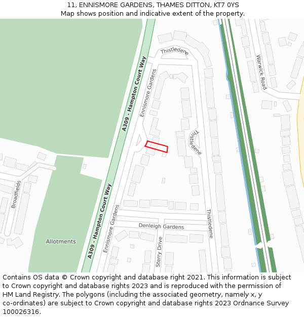 11, ENNISMORE GARDENS, THAMES DITTON, KT7 0YS: Location map and indicative extent of plot