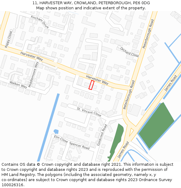 11, HARVESTER WAY, CROWLAND, PETERBOROUGH, PE6 0DG: Location map and indicative extent of plot