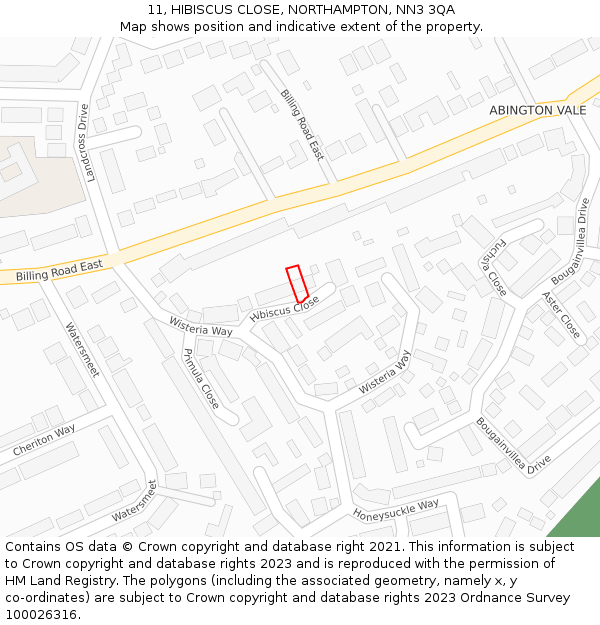 11, HIBISCUS CLOSE, NORTHAMPTON, NN3 3QA: Location map and indicative extent of plot