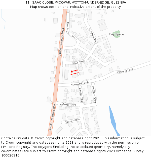11, ISAAC CLOSE, WICKWAR, WOTTON-UNDER-EDGE, GL12 8FA: Location map and indicative extent of plot