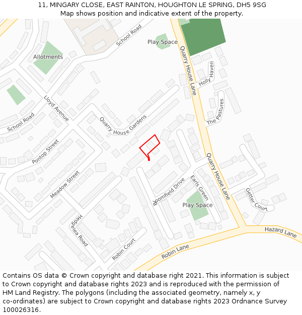 11, MINGARY CLOSE, EAST RAINTON, HOUGHTON LE SPRING, DH5 9SG: Location map and indicative extent of plot