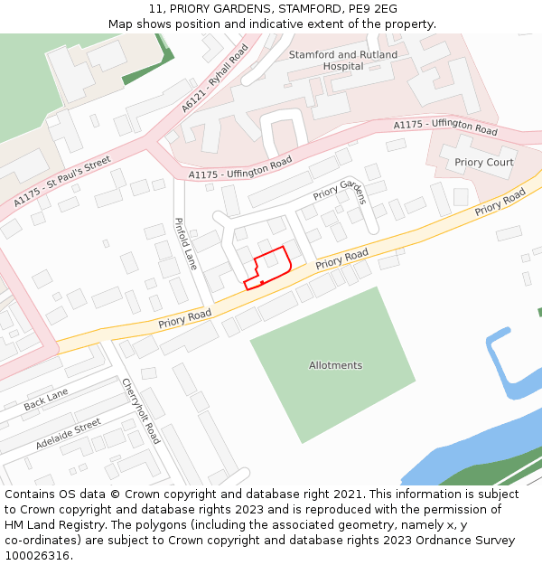 11, PRIORY GARDENS, STAMFORD, PE9 2EG: Location map and indicative extent of plot