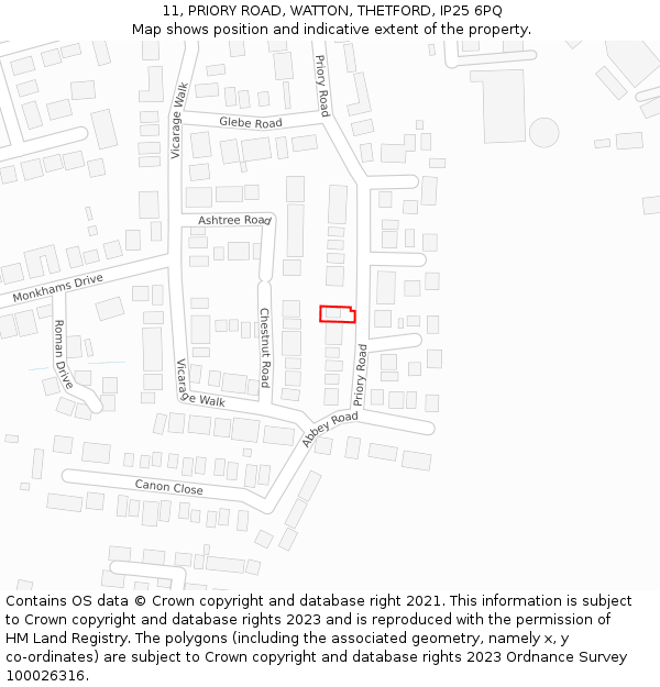 11, PRIORY ROAD, WATTON, THETFORD, IP25 6PQ: Location map and indicative extent of plot