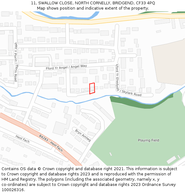 11, SWALLOW CLOSE, NORTH CORNELLY, BRIDGEND, CF33 4PQ: Location map and indicative extent of plot