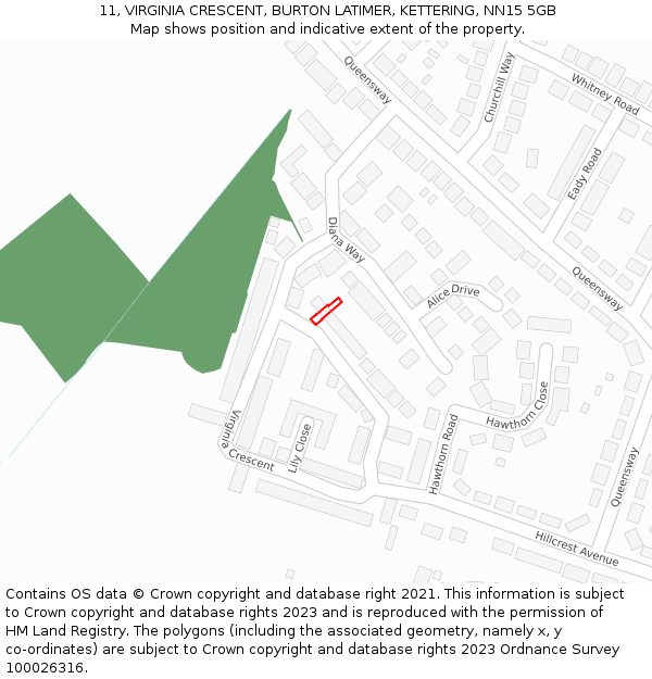 11, VIRGINIA CRESCENT, BURTON LATIMER, KETTERING, NN15 5GB: Location map and indicative extent of plot