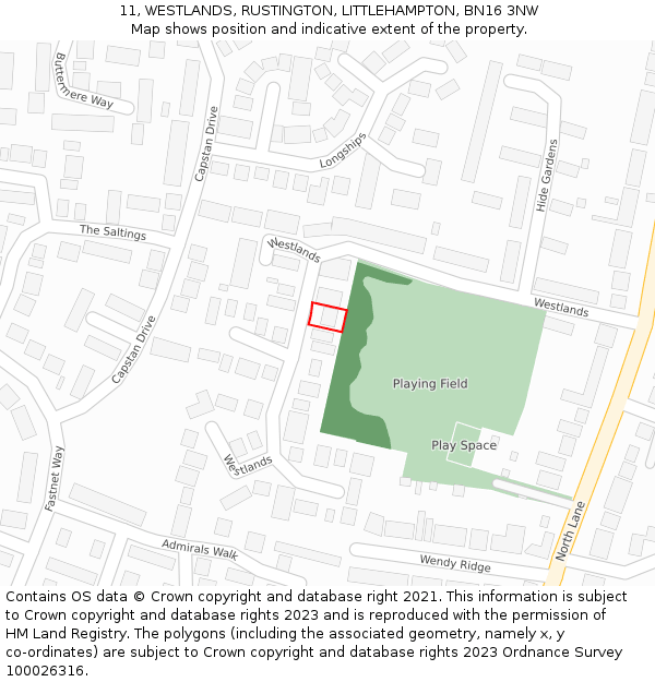 11, WESTLANDS, RUSTINGTON, LITTLEHAMPTON, BN16 3NW: Location map and indicative extent of plot