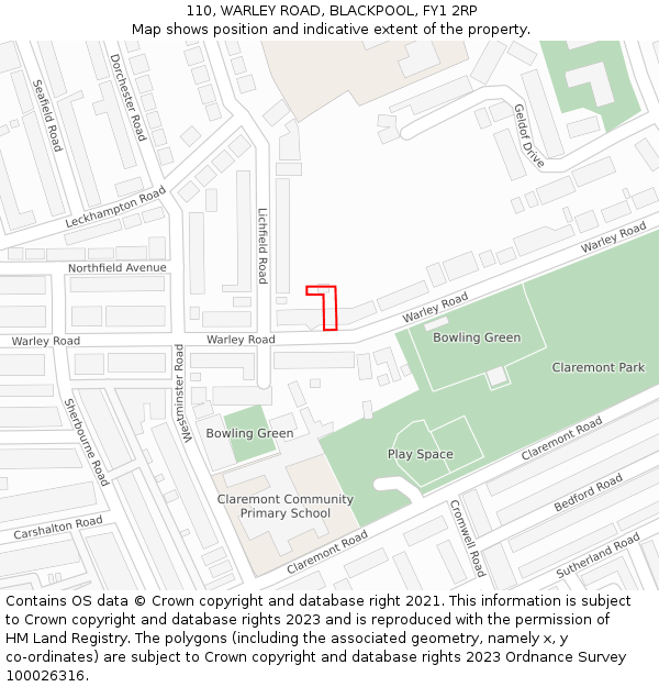 110, WARLEY ROAD, BLACKPOOL, FY1 2RP: Location map and indicative extent of plot