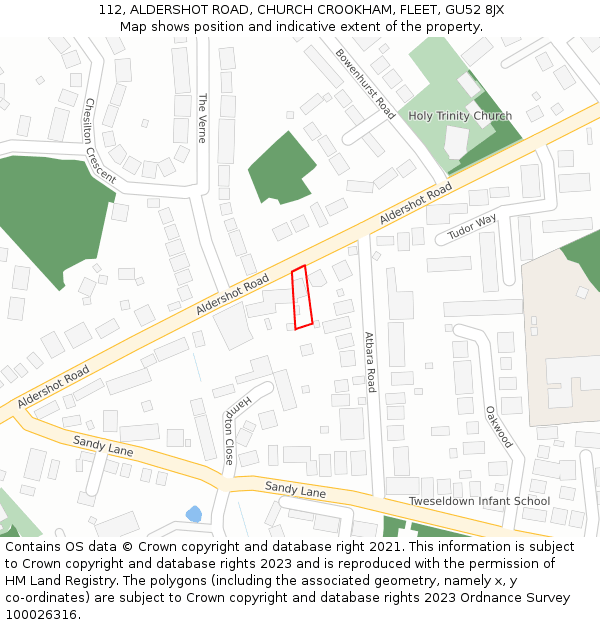 112, ALDERSHOT ROAD, CHURCH CROOKHAM, FLEET, GU52 8JX: Location map and indicative extent of plot