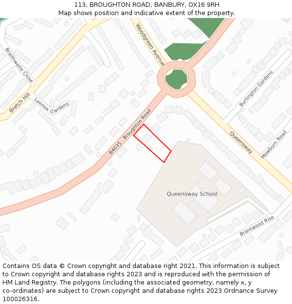 113, BROUGHTON ROAD, BANBURY, OX16 9RH: Location map and indicative extent of plot
