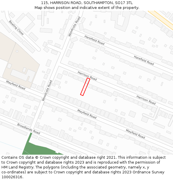 115, HARRISON ROAD, SOUTHAMPTON, SO17 3TL: Location map and indicative extent of plot
