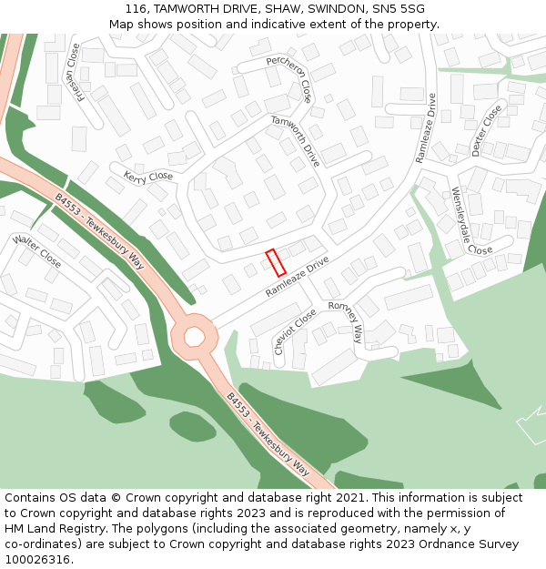 116, TAMWORTH DRIVE, SHAW, SWINDON, SN5 5SG: Location map and indicative extent of plot