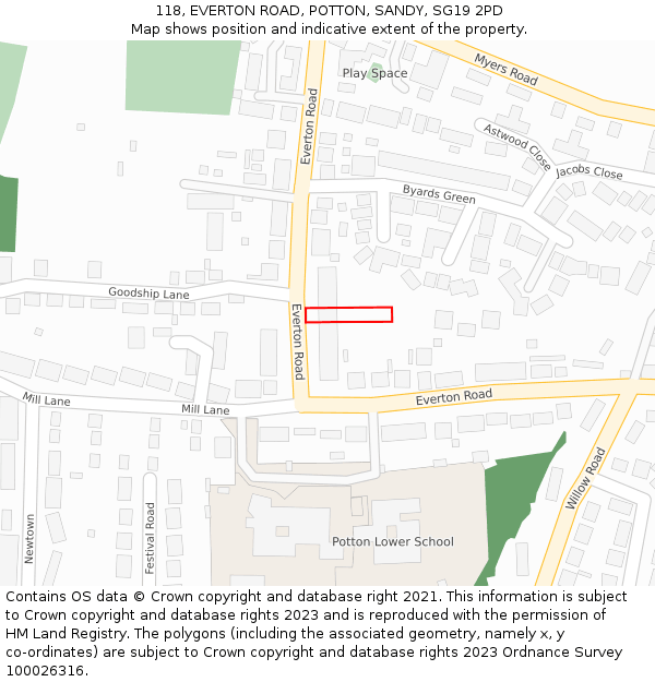 118, EVERTON ROAD, POTTON, SANDY, SG19 2PD: Location map and indicative extent of plot