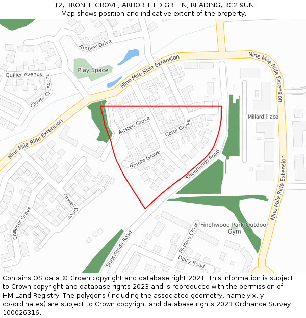 12, BRONTE GROVE, ARBORFIELD GREEN, READING, RG2 9UN: Location map and indicative extent of plot