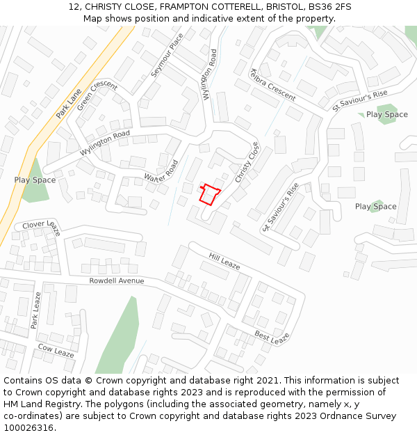 12, CHRISTY CLOSE, FRAMPTON COTTERELL, BRISTOL, BS36 2FS: Location map and indicative extent of plot