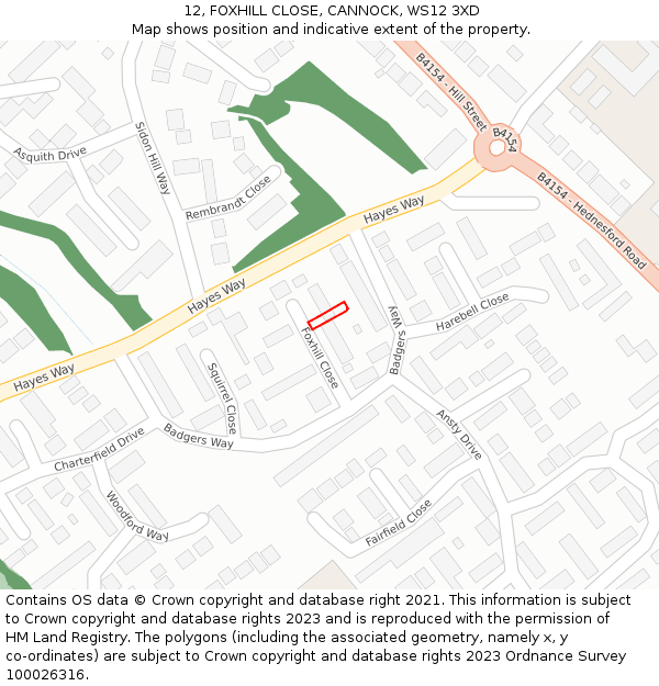 12, FOXHILL CLOSE, CANNOCK, WS12 3XD: Location map and indicative extent of plot