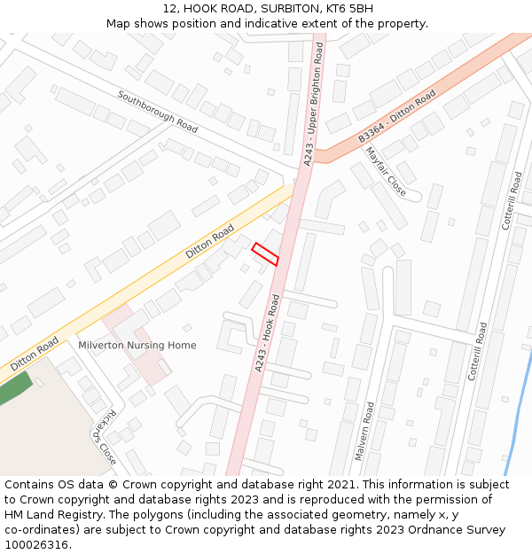 12, HOOK ROAD, SURBITON, KT6 5BH: Location map and indicative extent of plot