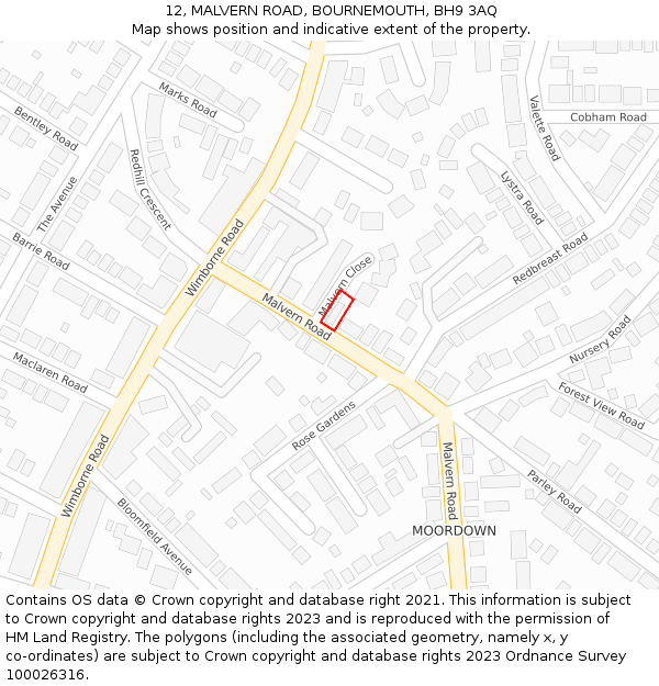 12, MALVERN ROAD, BOURNEMOUTH, BH9 3AQ: Location map and indicative extent of plot