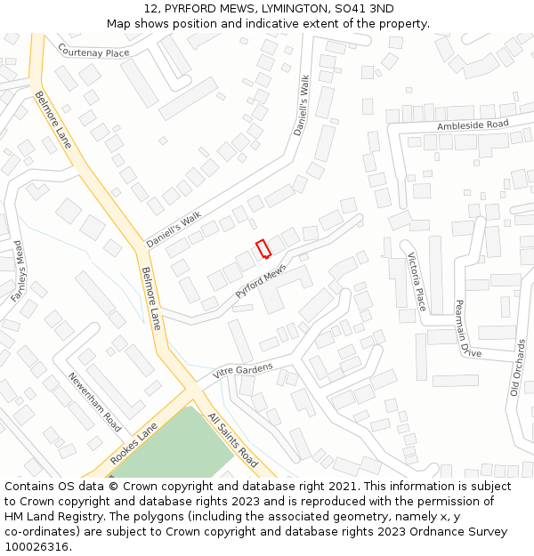 12, PYRFORD MEWS, LYMINGTON, SO41 3ND: Location map and indicative extent of plot