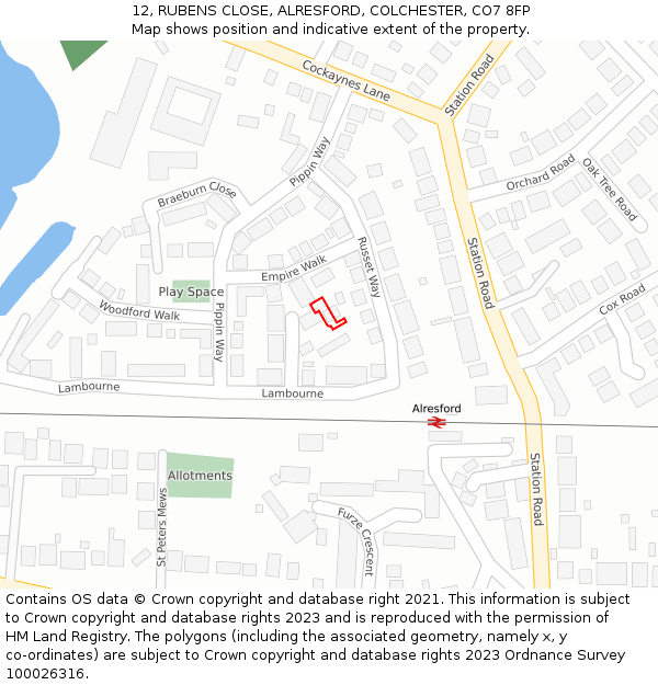 12, RUBENS CLOSE, ALRESFORD, COLCHESTER, CO7 8FP: Location map and indicative extent of plot