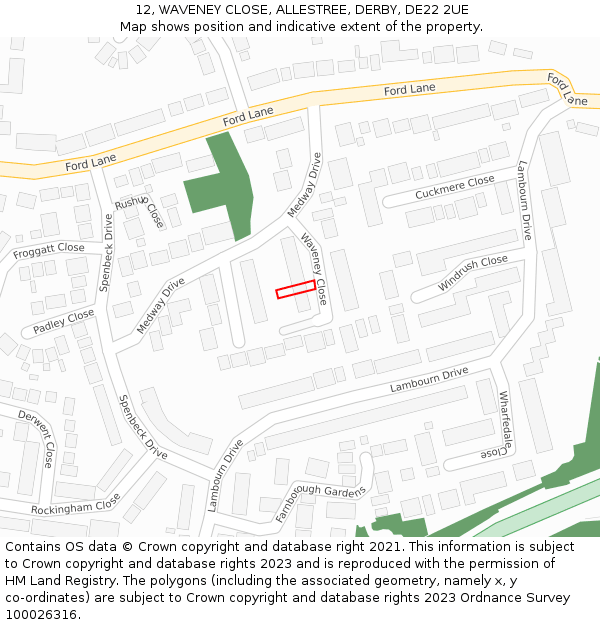 12, WAVENEY CLOSE, ALLESTREE, DERBY, DE22 2UE: Location map and indicative extent of plot