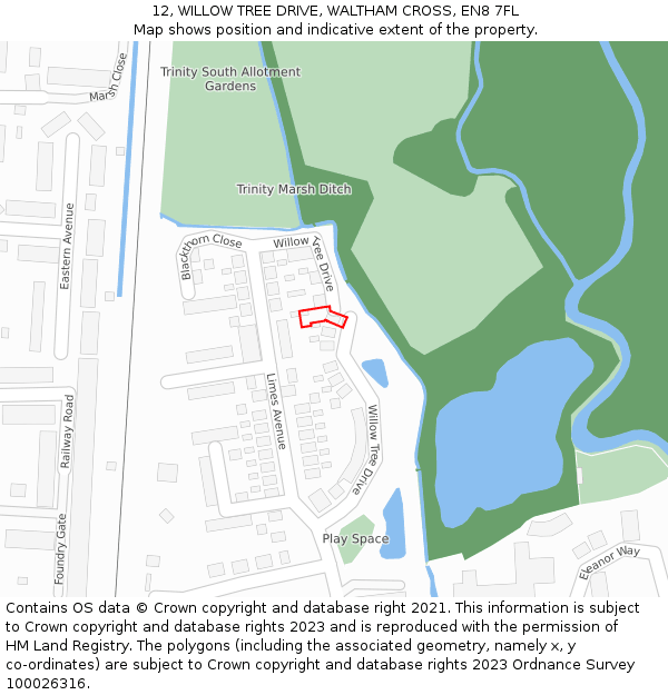 12, WILLOW TREE DRIVE, WALTHAM CROSS, EN8 7FL: Location map and indicative extent of plot