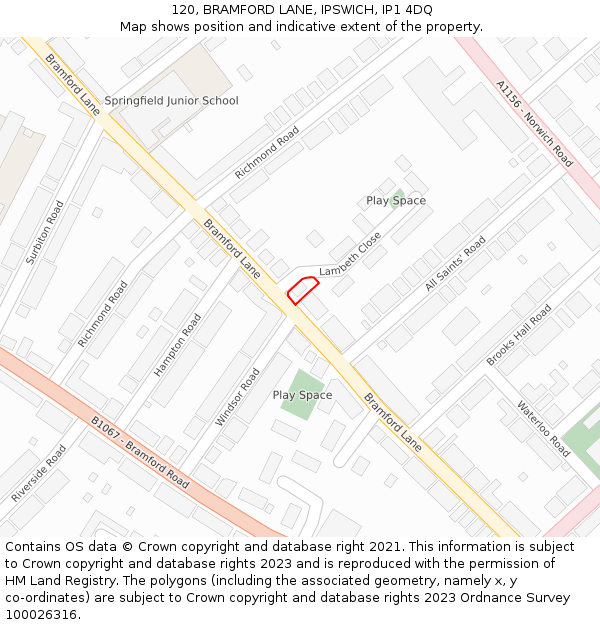 120, BRAMFORD LANE, IPSWICH, IP1 4DQ: Location map and indicative extent of plot