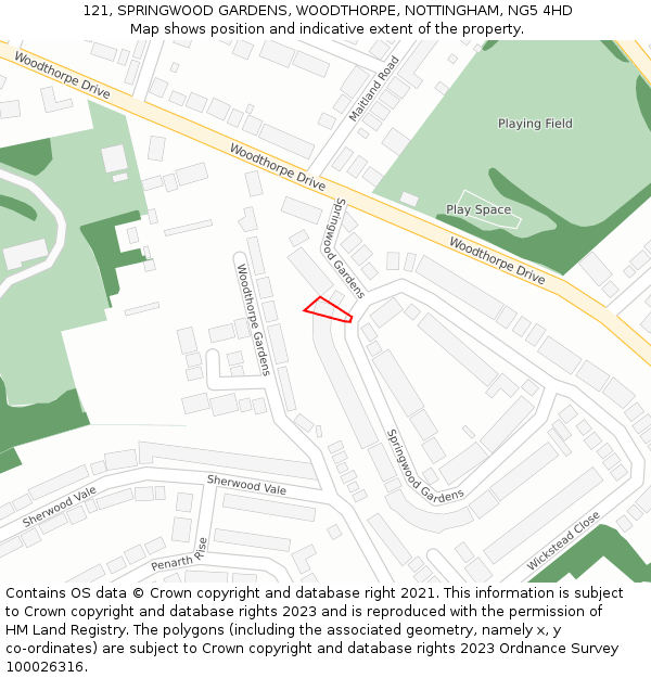 121, SPRINGWOOD GARDENS, WOODTHORPE, NOTTINGHAM, NG5 4HD: Location map and indicative extent of plot