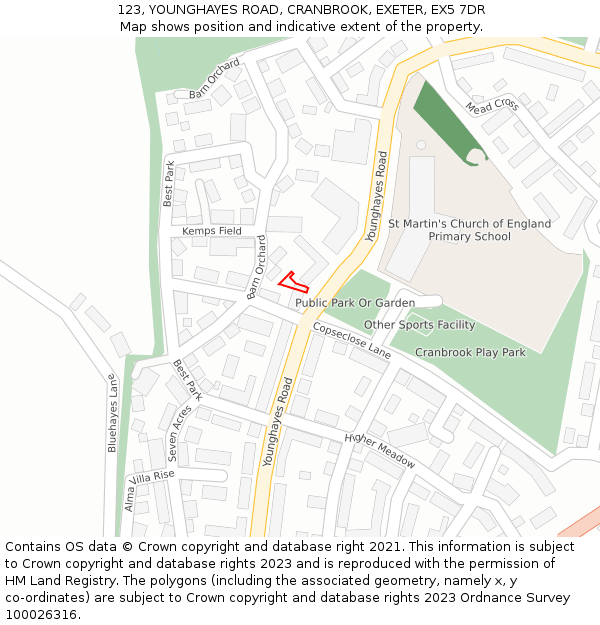 123, YOUNGHAYES ROAD, CRANBROOK, EXETER, EX5 7DR: Location map and indicative extent of plot