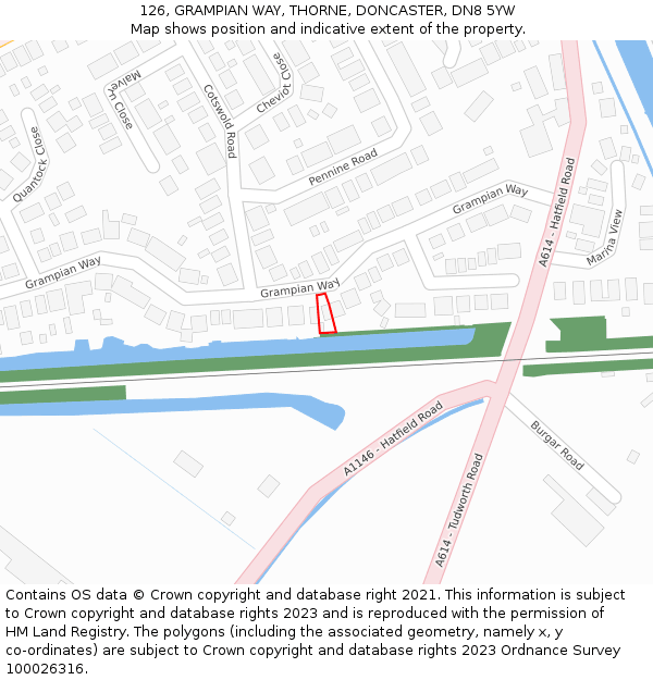 126, GRAMPIAN WAY, THORNE, DONCASTER, DN8 5YW: Location map and indicative extent of plot