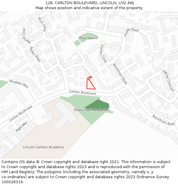 128, CARLTON BOULEVARD, LINCOLN, LN2 4WJ: Location map and indicative extent of plot
