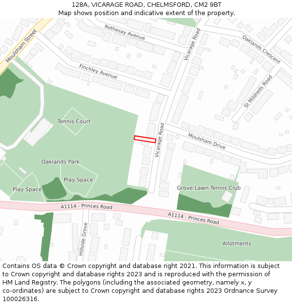 128A, VICARAGE ROAD, CHELMSFORD, CM2 9BT: Location map and indicative extent of plot