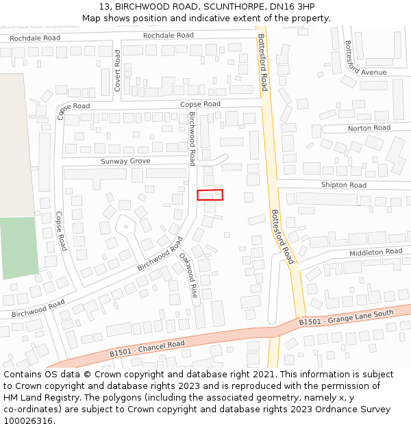 13, BIRCHWOOD ROAD, SCUNTHORPE, DN16 3HP: Location map and indicative extent of plot