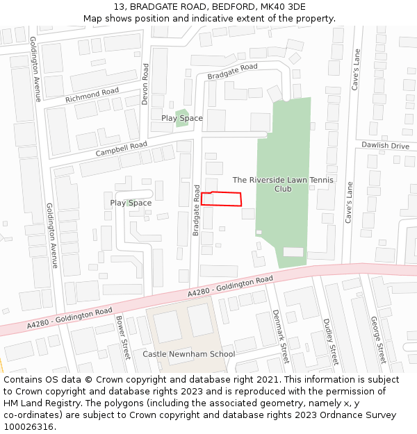 13, BRADGATE ROAD, BEDFORD, MK40 3DE: Location map and indicative extent of plot