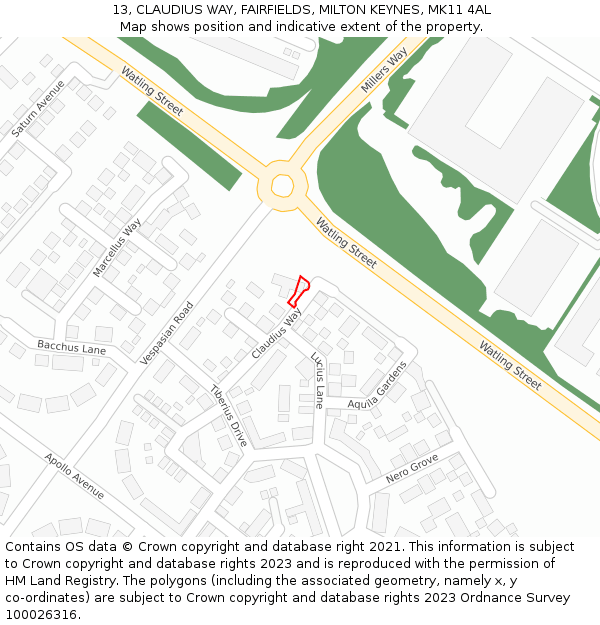 13, CLAUDIUS WAY, FAIRFIELDS, MILTON KEYNES, MK11 4AL: Location map and indicative extent of plot