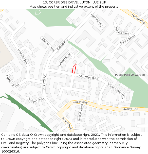 13, CORBRIDGE DRIVE, LUTON, LU2 9UF: Location map and indicative extent of plot