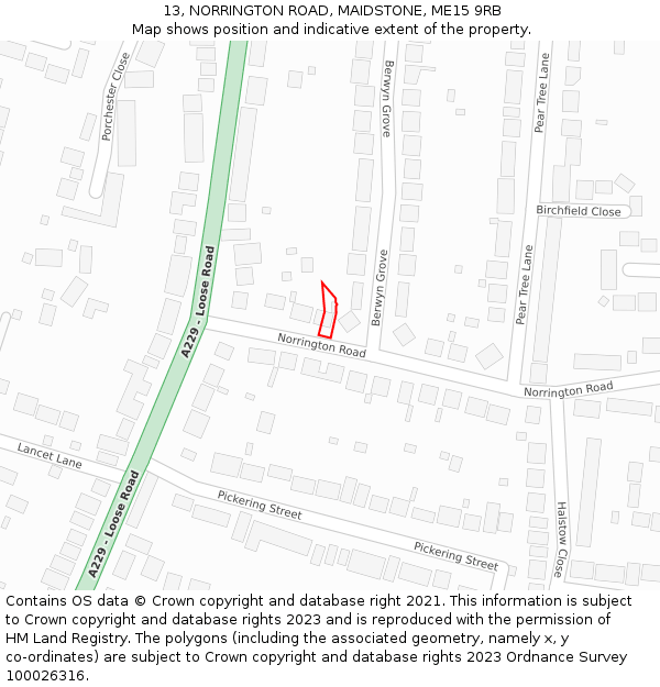 13, NORRINGTON ROAD, MAIDSTONE, ME15 9RB: Location map and indicative extent of plot