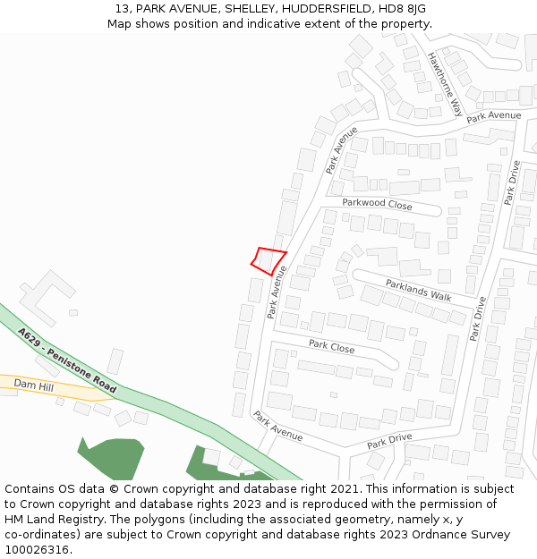 13, PARK AVENUE, SHELLEY, HUDDERSFIELD, HD8 8JG: Location map and indicative extent of plot