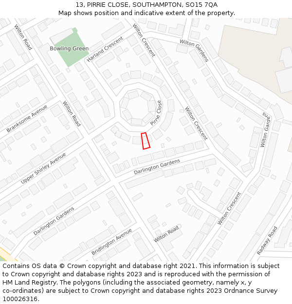 13, PIRRIE CLOSE, SOUTHAMPTON, SO15 7QA: Location map and indicative extent of plot