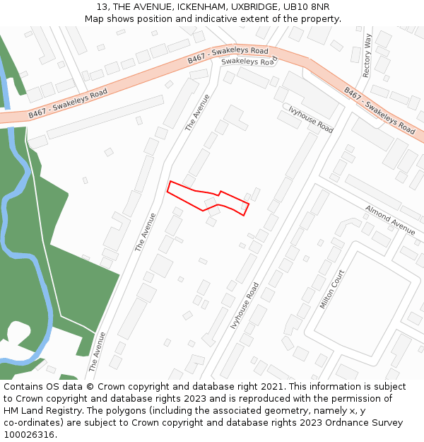 13, THE AVENUE, ICKENHAM, UXBRIDGE, UB10 8NR: Location map and indicative extent of plot