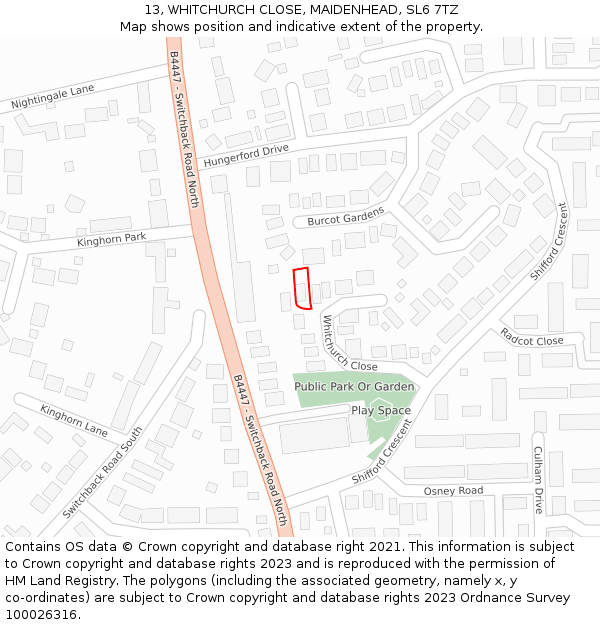 13, WHITCHURCH CLOSE, MAIDENHEAD, SL6 7TZ: Location map and indicative extent of plot