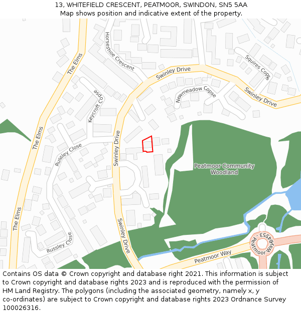 13, WHITEFIELD CRESCENT, PEATMOOR, SWINDON, SN5 5AA: Location map and indicative extent of plot