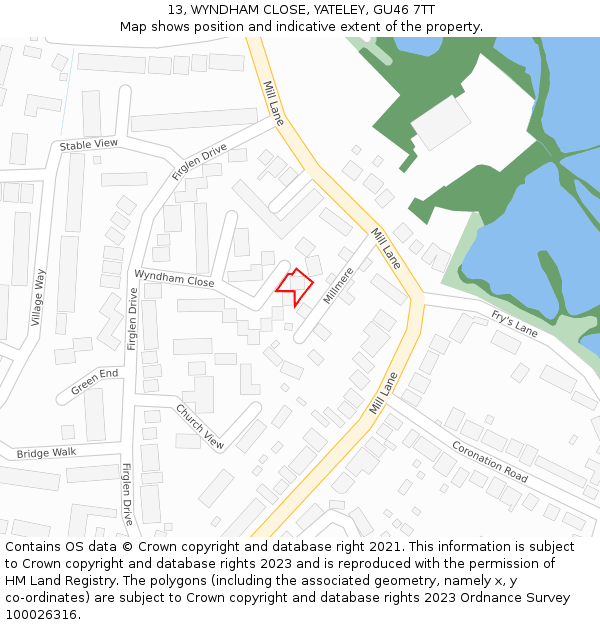 13, WYNDHAM CLOSE, YATELEY, GU46 7TT: Location map and indicative extent of plot