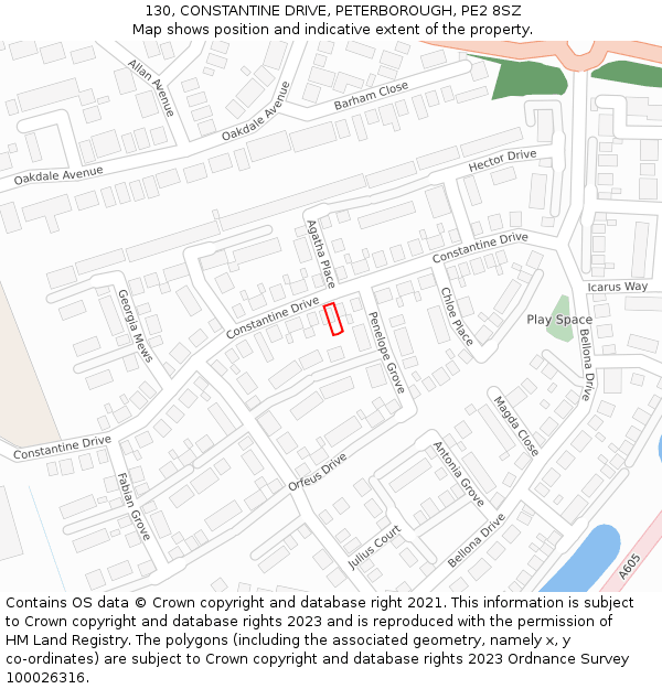130, CONSTANTINE DRIVE, PETERBOROUGH, PE2 8SZ: Location map and indicative extent of plot