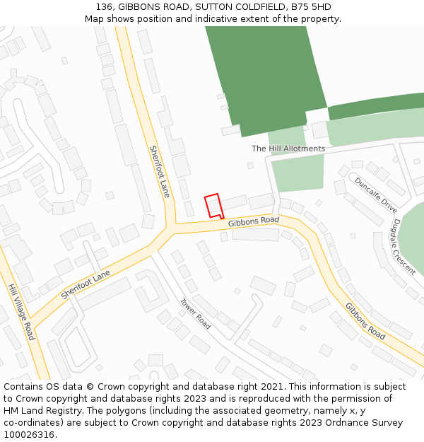 136, GIBBONS ROAD, SUTTON COLDFIELD, B75 5HD: Location map and indicative extent of plot