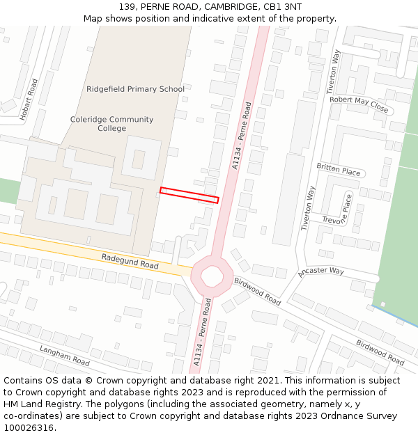 139, PERNE ROAD, CAMBRIDGE, CB1 3NT: Location map and indicative extent of plot