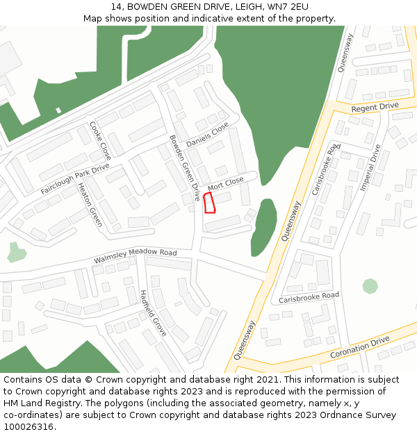 14, BOWDEN GREEN DRIVE, LEIGH, WN7 2EU: Location map and indicative extent of plot